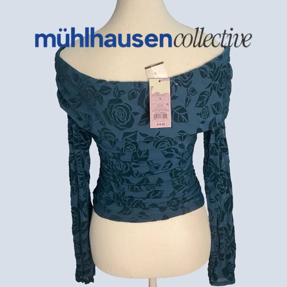 NWT Wild Fable Velvet Mesh Teal Floral Off-Shoulder Top - Picture 3 of 5